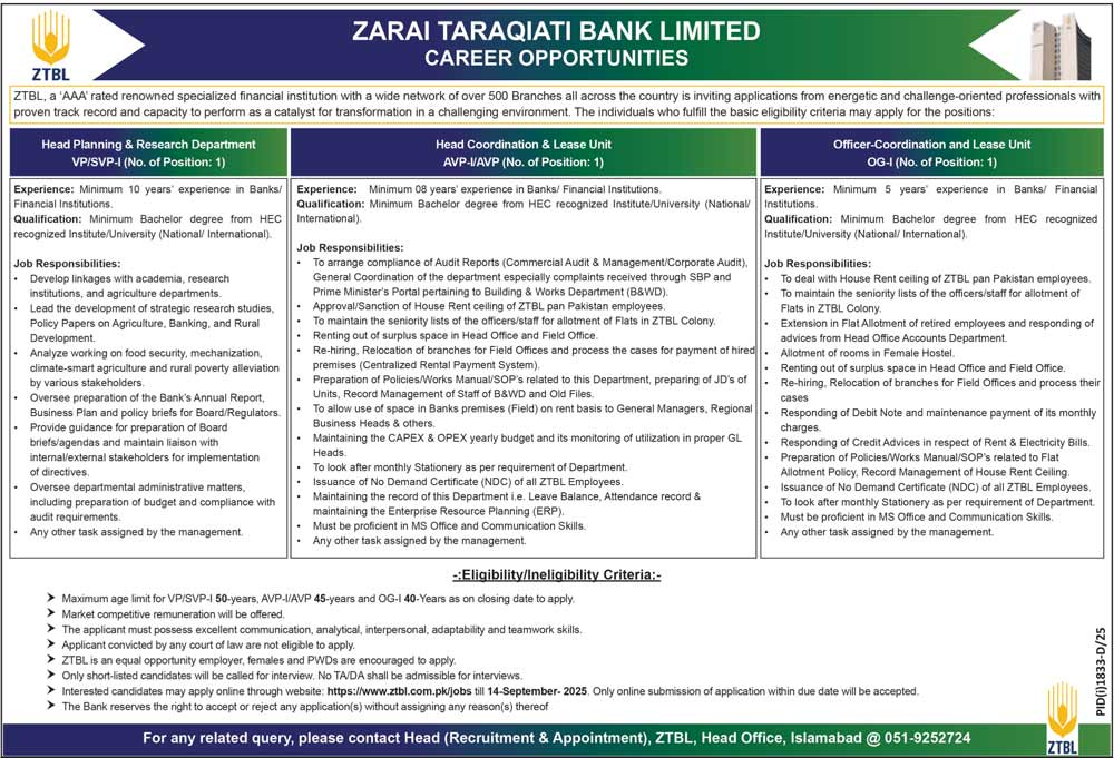 Jobs in Zarai Taraqiati Bank Limited Islamabad
